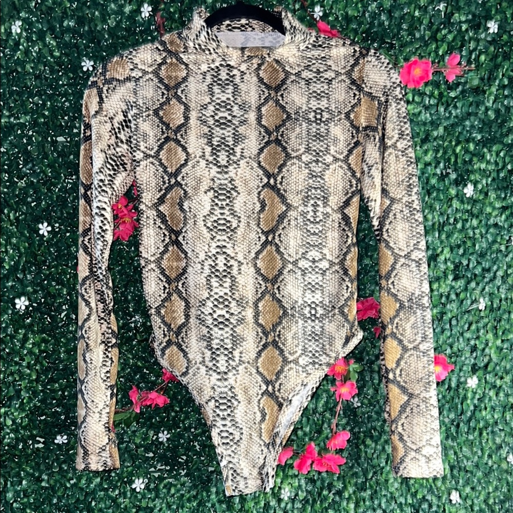 Brown and Tan Snakeskin Long Sleeve Bodysuit